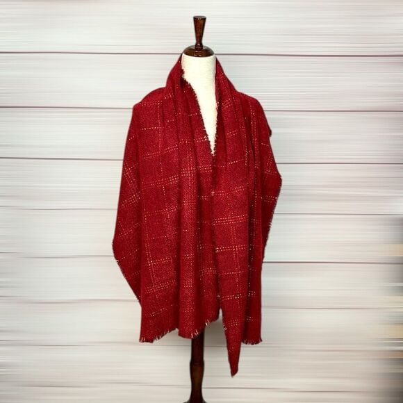 NWT Talbots Red Wrap Scarf Metallic Windowpane Large Chunky New - Picture 6 of 10